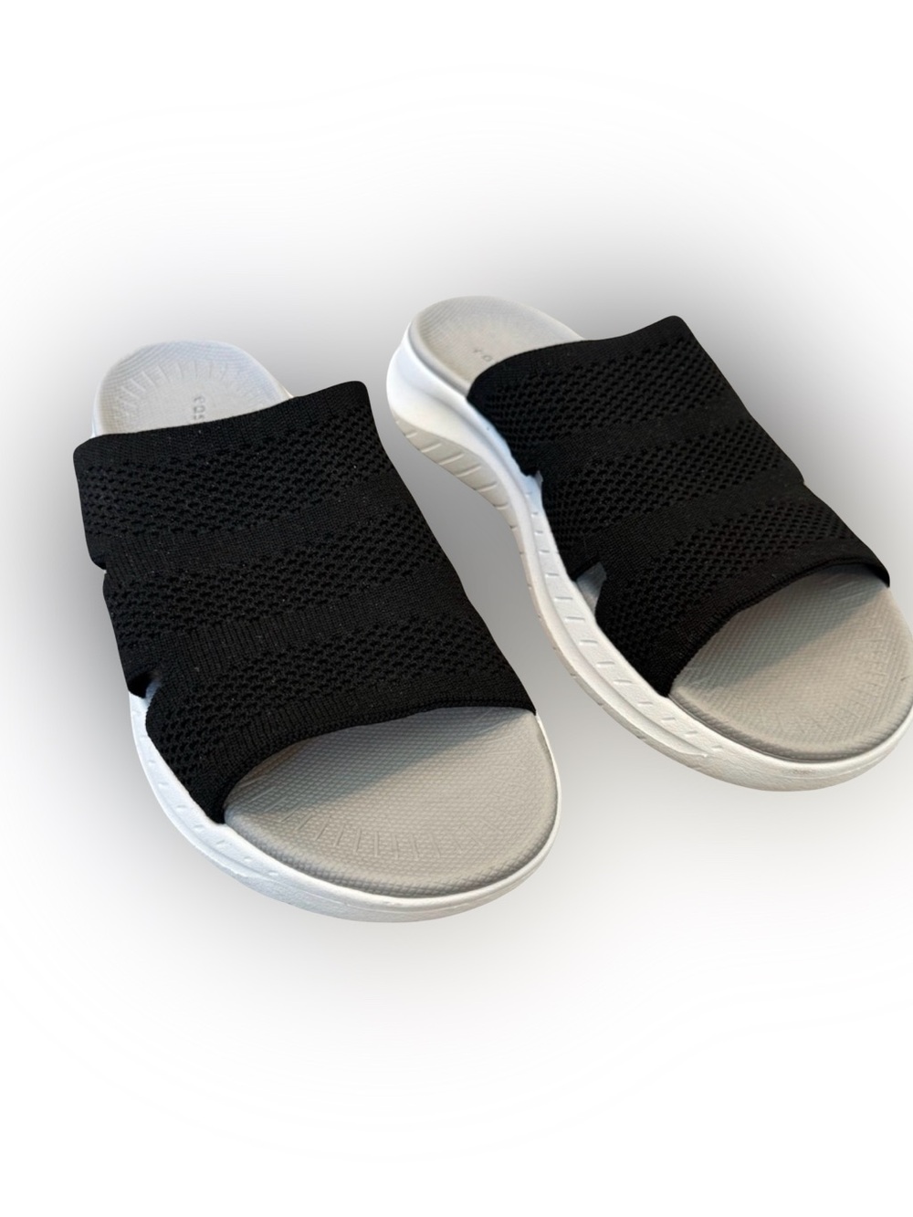 Easy  Spirit  Women’s  Black  Knit  Slide  Sandals  White  Footbed  Casual Sz 9